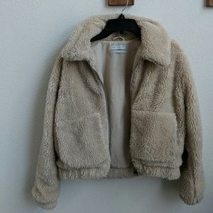 Urban Outfitters Cropped Teddy Jacket in Natural
